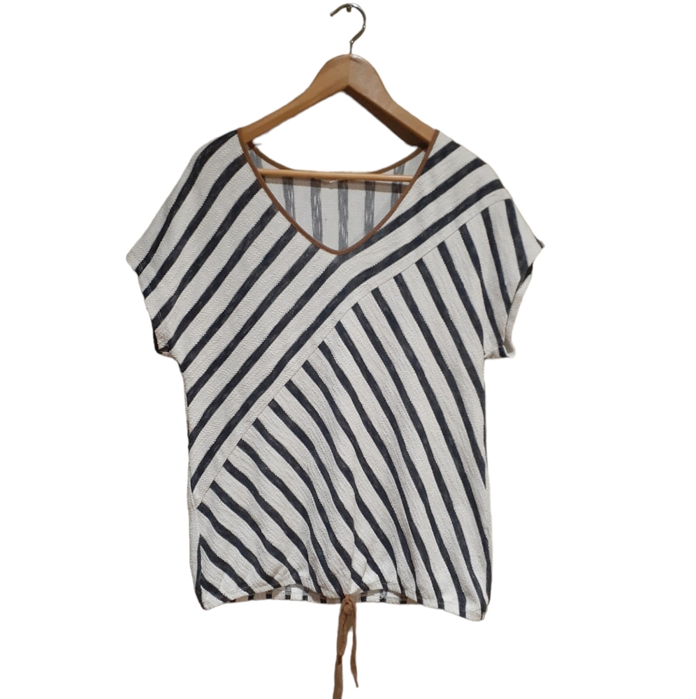 Parallel Skies Women's Size Stripe Sleeve Top Drawstring Waist in Blue / White